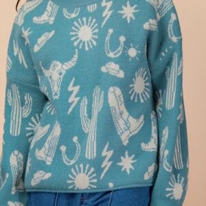 New In plus teal western crew sweater